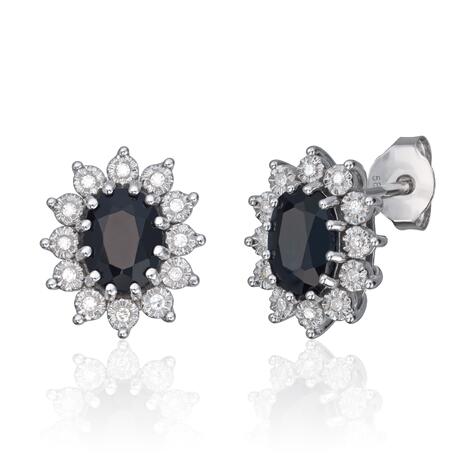Ørepynt Rosett 0,08ct WSI diamanter og sort safir i 14K hvitt gull