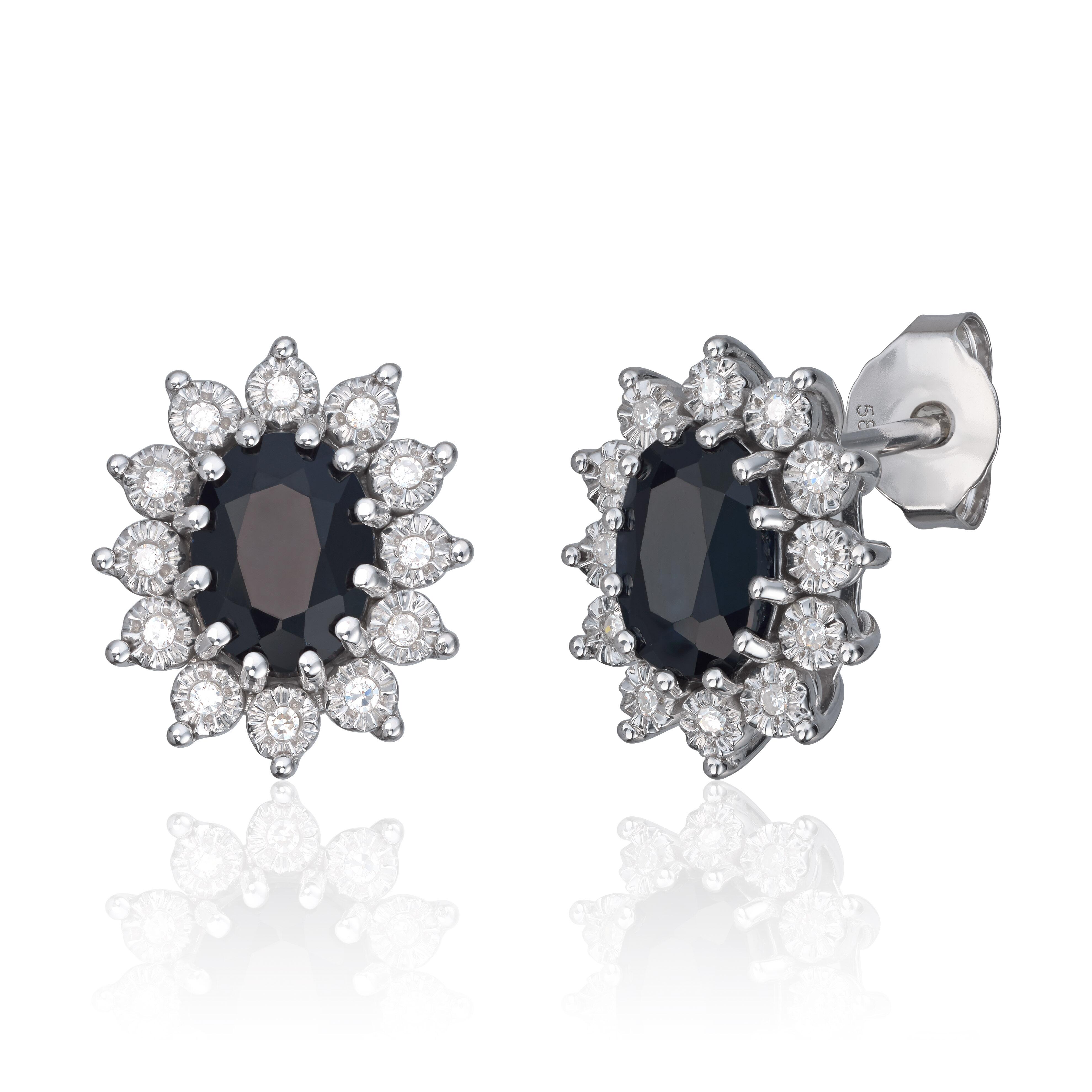 Ørepynt Rosett 0,08ct WSI diamanter og sort safir i 14K hvitt gull